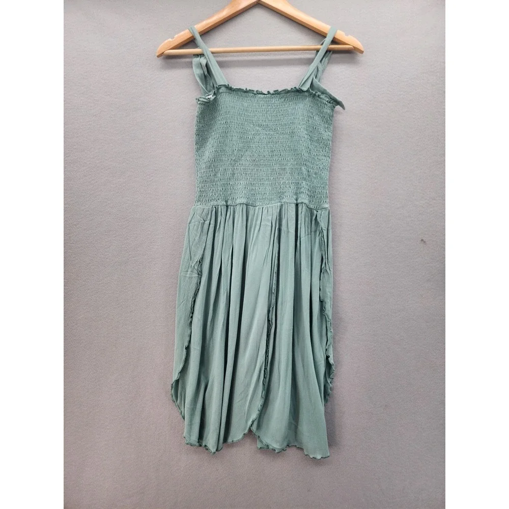 White Crow Sage Green Smocked Tie Strap Midi Dress Women Size Medium Boho Beachy - Picture 9 of 13